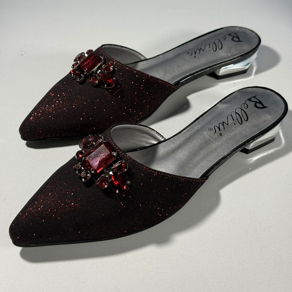Bellini Fierce Pointed Toe Jewel‎ Embellished Glitter Mule Flats Black Red 8W